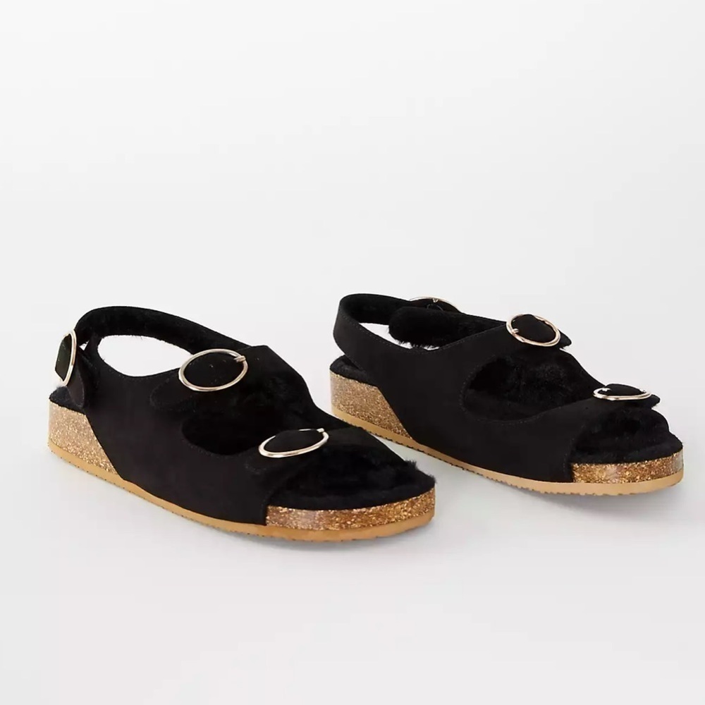 LOFT Sherpa open toe double buckle sandals‎ black new Sz 10 1/2 sling back